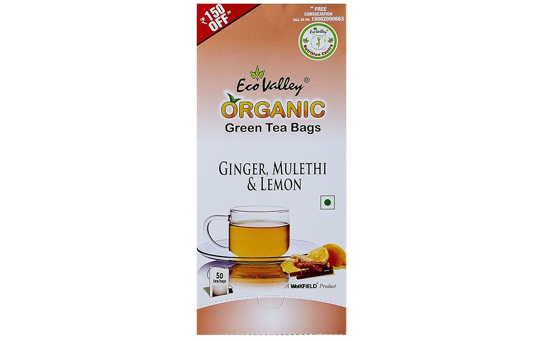 Eco Valley Ginger, Mulethi & Lemon Organic Green Tea Bags   Box  50 pcs